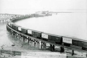 Great Northern Railroad cars carrying cedar shingles along the Everett waterfront in approximately 1896. (Contributed by Kyle Kegley via University of Washington Libraries)