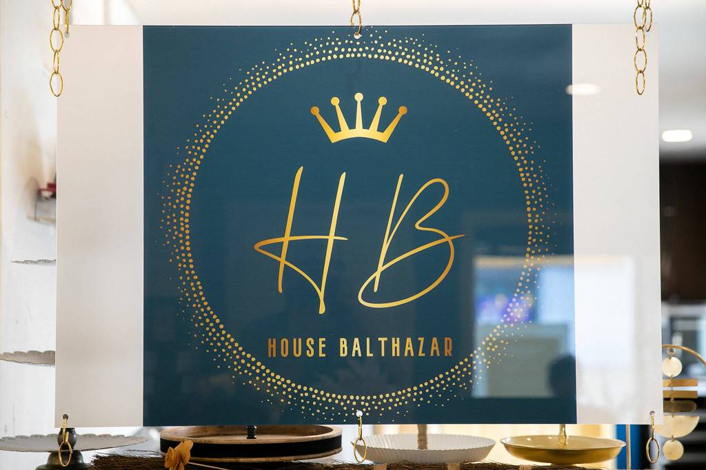 The House Balthazar name and logo greet guests as they enter the patisserie on Oct. 17, in Monroe. (Ryan Berry / The Herald)