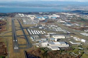 Looking north, an aerial view of Paine Field in Everett. (Paine Field / Snohomish County) 20220605