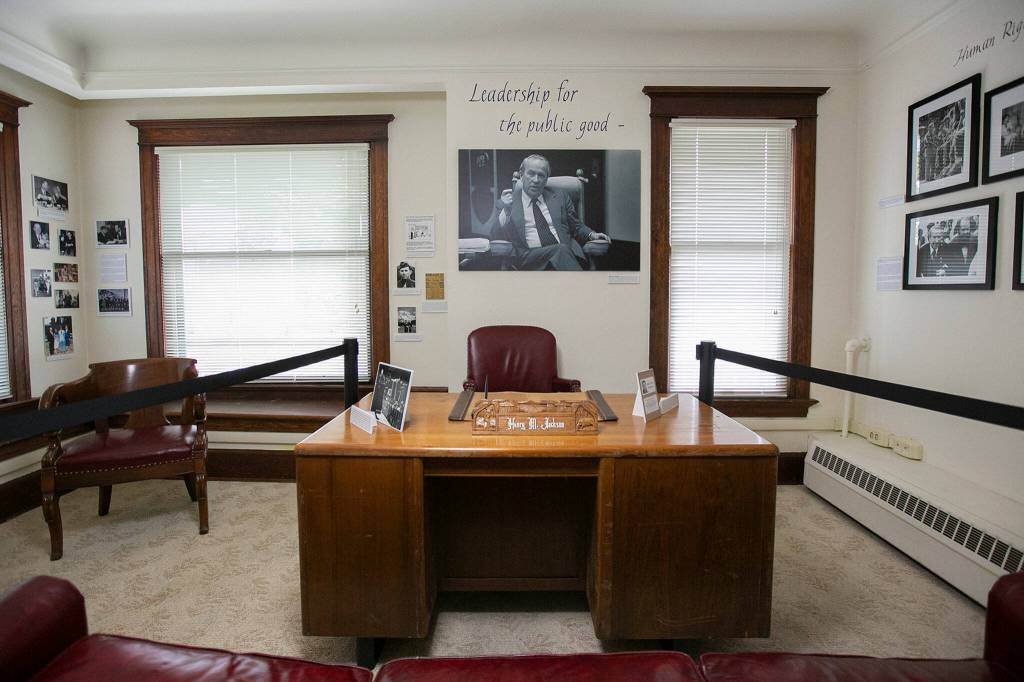 A room dedicated to the late U.S. Senator Henry M. Jackson, featuring his desk from his days as the Snohomish County Prosecutor, is on display at the Van Valey House on Colby Avenue in Everett. (Ryan Berry / The Herald)