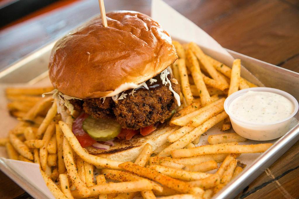 A Katsu Burger with Spicy Fries at Katsu Burger on July 13, 2021 in Lake Stevens. (Andy Bronson / The Herald)