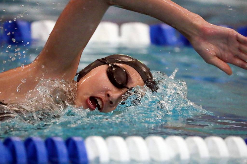 Jacksons Julia Song competes in the 200 yard freestyle Thursday afternoon at Kamiak High School in Mukilteo, Washington on October 6, 2022. (Kevin Clark / The Herald)
