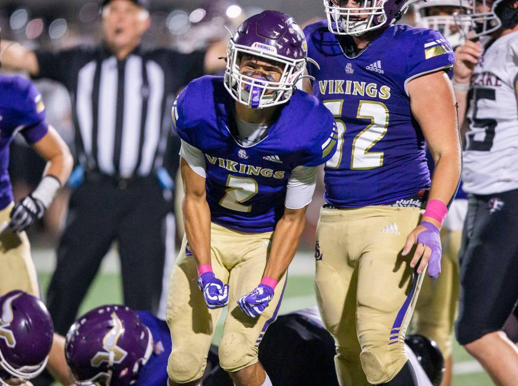 Lake Stevens Steven Lee reacts to getting a stop on a drive during the game against Eastlake on Friday, Oct. 7, 2022 in Lake Stevens, Washington. (Olivia Vanni / The Herald)