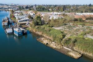 An unknown derelict barge grounded along the side of the Snohomish River off of Railway Avenue on Tuesday, Oct. 11, 2022 in Everett, Washington. (Olivia Vanni / The Herald)