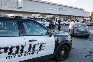 The scene of a pedestrian struck following an argument in the parking lot at 4920 Evergreen Way in Everett, Washington on October 10, 2022.  (Kevin Clark / The Herald)