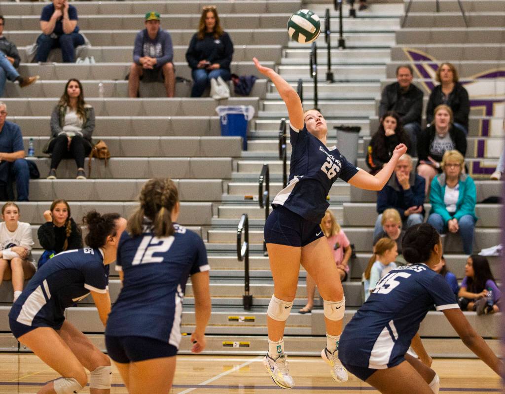 Glaicer Peaks Ava Nowak spikes the ball during the match against Lake Stevens on Tuesday, Oct. 11, 2022 in Lake Stevens, Washington. (Olivia Vanni / The Herald)