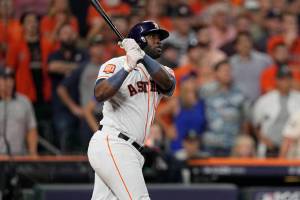 Houston Astros designated hitter Yordan Alvarez (44) hits a three-run, walkoff home run against the Seattle Mariners during the ninth inning in Game 1 of an American League Division Series baseball game in Houston,Tuesday, Oct. 11, 2022. (AP Photo/David J. Phillip)