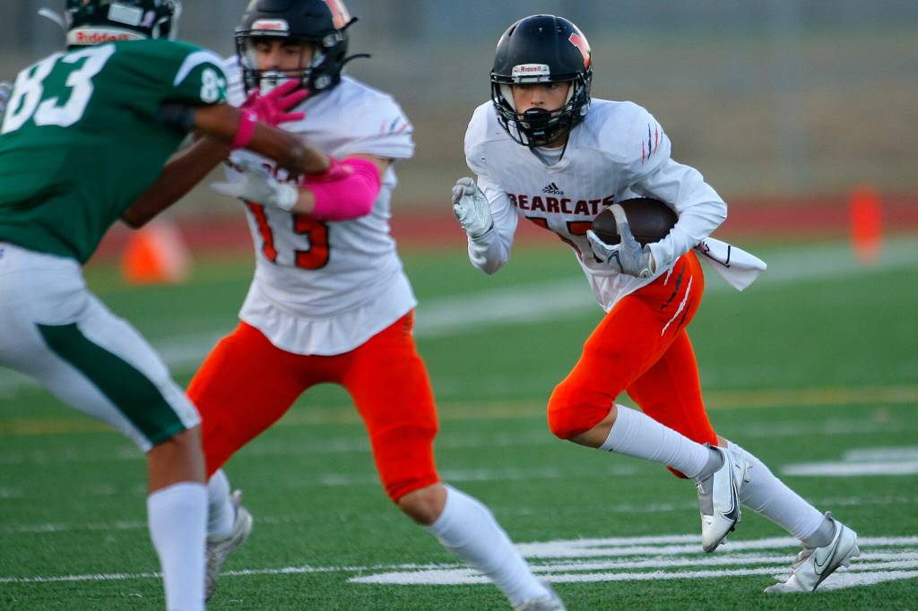 Monroes Aidan Gamble turns upfield after a short reception against Edmonds-Woodway on Friday, Oct. 14, 2022, at Edmonds School District Stadium in Edmonds, Washington. (Ryan Berry / The Herald)