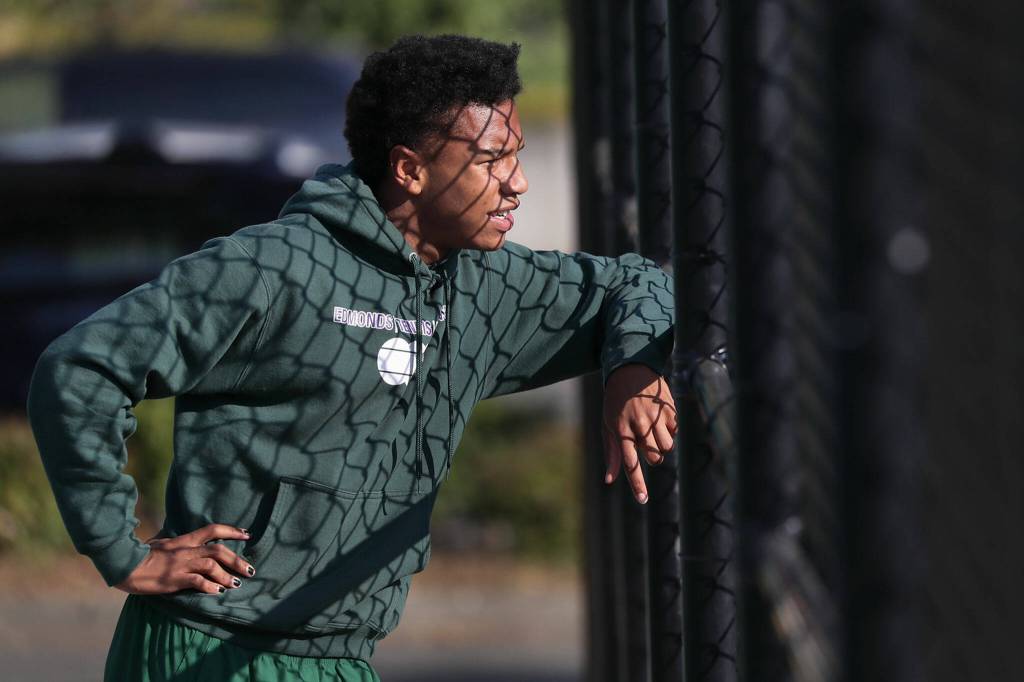 Russell Anderson, senior, outside intra squad matches at Edmonds-Woodway High School in Edmonds, Washington on October 13, 2022. (Kevin Clark / The Herald)