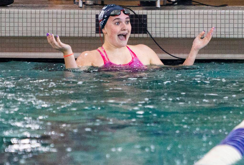 Glacier Peaks Isabella Hopes reacts to winning the 200 Yard IM during the meet against Snohomish on Tuesday, Oct. 18, 2022 in Snohomish, Washington. (Olivia Vanni / The Herald)