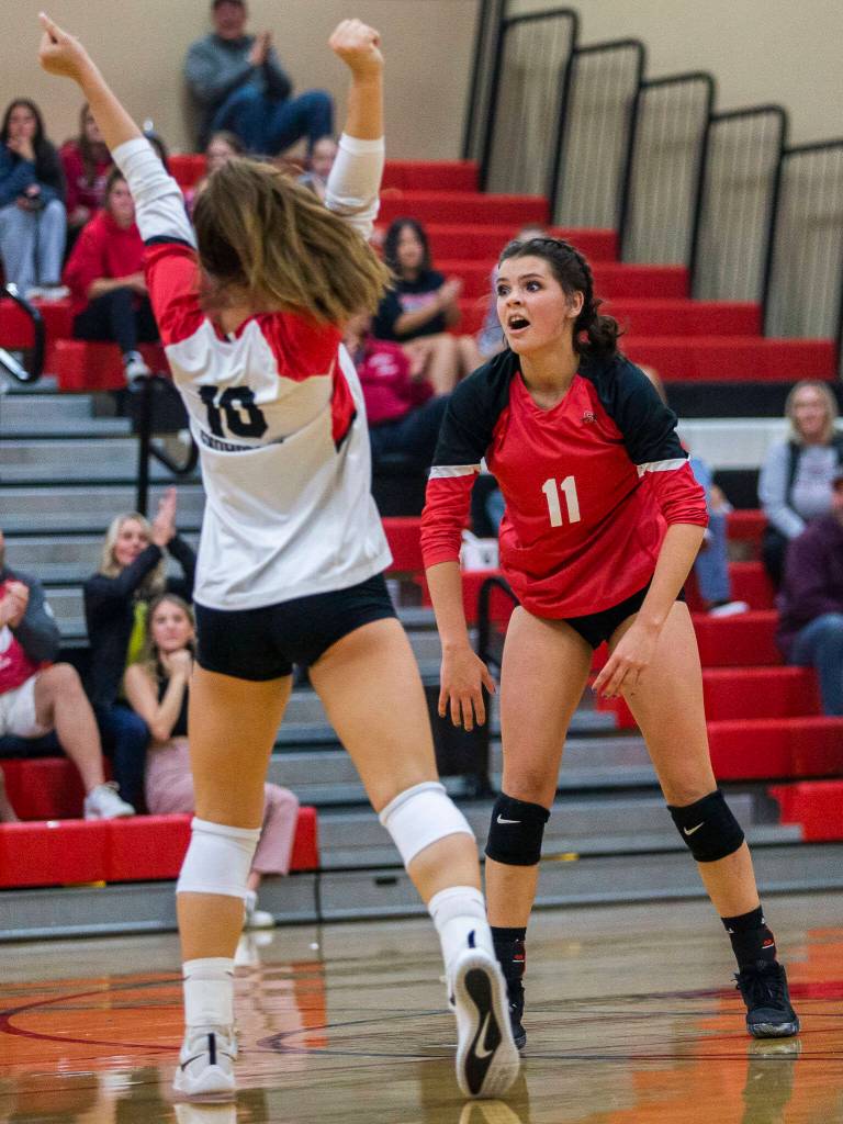Snohomishs Liviya Harrison reacts to a point after a hard dig during the match against Archbishop Murphy on Wednesday, Oct. 19, 2022 in Snohomish, Washington. (Olivia Vanni / The Herald)