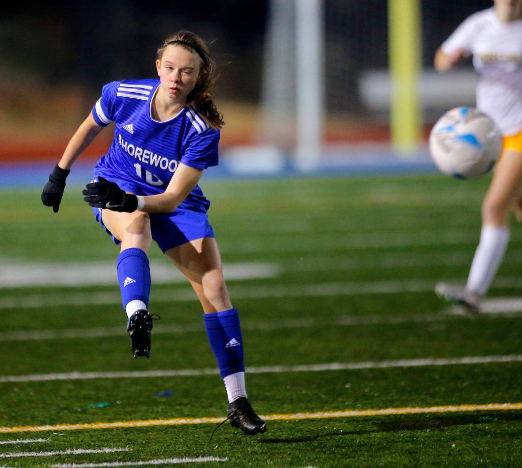Shorewoods Amelia Severn sends the ball up the field to her attackers against Shorecrest on Monday, Oct. 24, 2022, at Shoreline Stadium in Shoreline (Ryan Berry / The Herald)