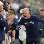 Seattle Seahawks head coach Pete Carroll celebrates at the end of Sundays game against the Los Angeles Chargers in Inglewood, Calif. The Seahawks won 37-23. (AP Photo/Mark J. Terrill)
