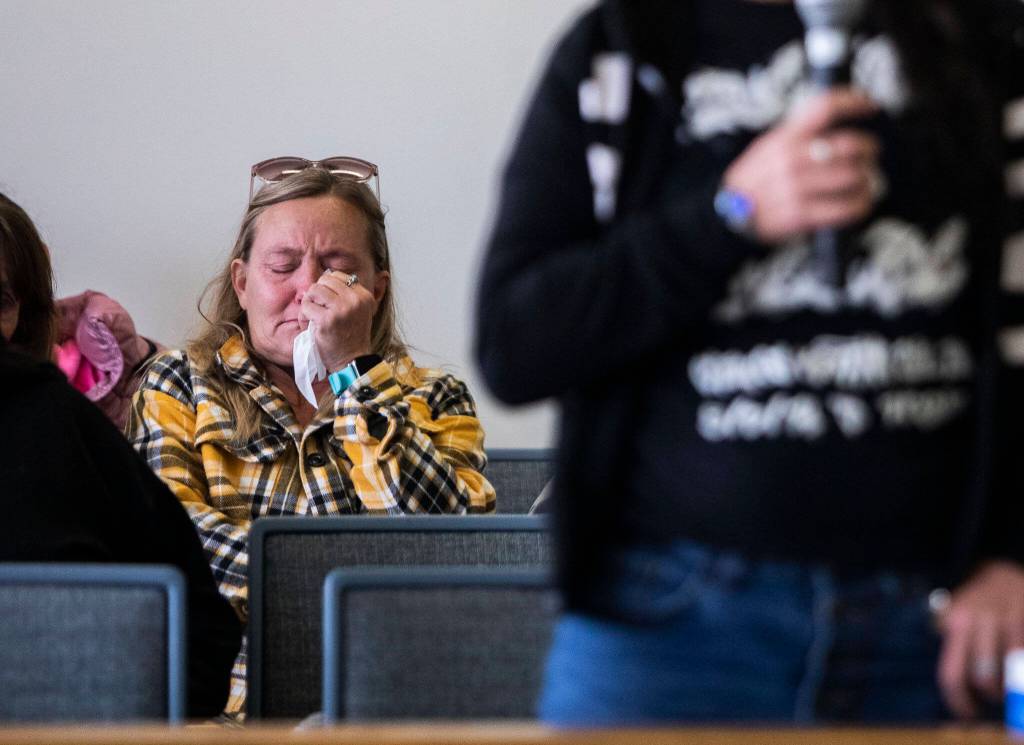 Linda Wall becomes emotional during the sentencing of Anthony Middendorf at the Snohomish County Courthouse on Thursday, in Everett. (Olivia Vanni / The Herald)