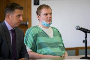 Anthony Middendorf listens to the judge during his sentencing at the Snohomish County Courthouse on Thursday, Oct. 27, 2022 in Everett, Washington. (Olivia Vanni / The Herald)