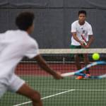 Edmonds-Woodway senior Russell Anderson (right) beat sophomore brother Steven Anderson for the 3A District 1 singles title Thursday at Snohomish High School. (Olivia Vanni / The Herald)
