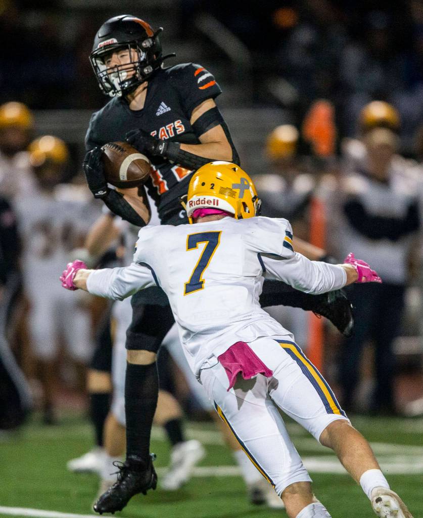 Monroes Eli Miller completes a catch during the game against Ferndale on Friday, Oct. 28, 2022 in Monroe, Washington. (Olivia Vanni / The Herald)