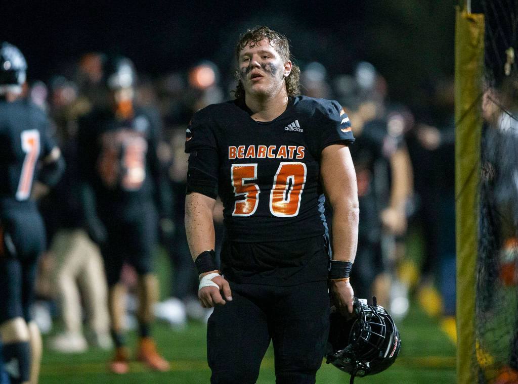 Monroes Rylan Hampton becomes emotional after Ferndale scores another touchdown during the game on Friday, Oct. 28, 2022 in Monroe, Washington. (Olivia Vanni / The Herald)