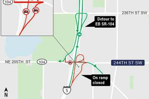 Drivers will need to use a detour to reach Highway 104 from Interstate 5 overnight on weekdays from Monday through Nov. 11. (Sound Transit)