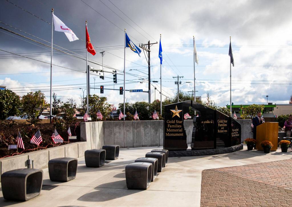 Andy Lopez speaks at dedication ceremony for the new Gold Star Families Memorial Monument on Wednesday, in Lynnwood. (Olivia Vanni / The Herald)