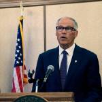 Gov. Jay Inslee announces during a news conference in Olympia, on Sept. 8, that the state of emergency sparked by the COVID-19 pandemic will end Oct. 31, nearly three years after the Democratic governor first issued the order. (AP Photo / Rachel La Corte)