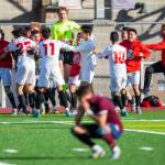 Everett Community College players celebrate a goal in the final minutes to tie the game against Whatcom on Sunday, Oct. 23, 2022, in Everett. (Olivia Vanni / The Herald)