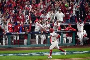 Philadelphia Phillies' Kyle Schwarber rounds the bases after a two-run home run during the fifth inning in Game 3 of baseball's World Series between the Houston Astros and the Philadelphia Phillies on Tuesday, Nov. 1, 2022, in Philadelphia. (AP Photo/Matt Rourke)