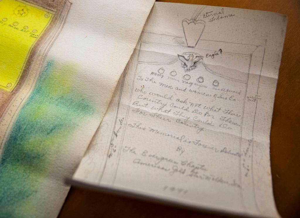 The first rendering of the original Eternal Flame monument on the Snohomish County Campus on Nov. 3, in Everett. (Olivia Vanni / The Herald)