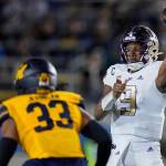 Washington quarterback Michael Penix Jr. (9) throws a pass against California during the first half of an NCAA college football game in Berkeley, Calif., Saturday, Oct. 22, 2022. (AP Photo/Godofredo A. Vásquez)