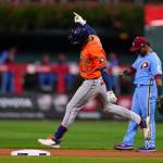 The Astros Jeremy Pena celebrates his home run during the fourth inning of Game 5 of the World Series against the Phillies on Thursday in Philadelphia. (AP Photo/Matt Slocum)
