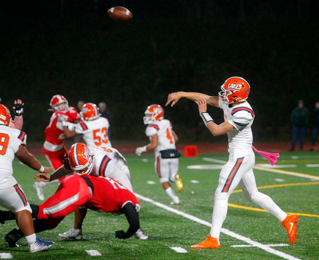 Lakes Legend Galeai takes a shot downfield against Stanwood on Friday, Nov. 4, 2022, at Stanwood High School in Stanwood, Washington. (Ryan Berry / The Herald)