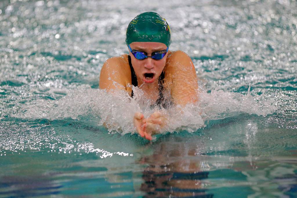 Shorecrests Aila Howson heads to an easy victory in the 100 yard breaststroke during the Class 4A District swim meet Saturday, Nov. 5, 2022, at Snohomish Aquatic Center in Snohomish, Washington. (Ryan Berry / The Herald)