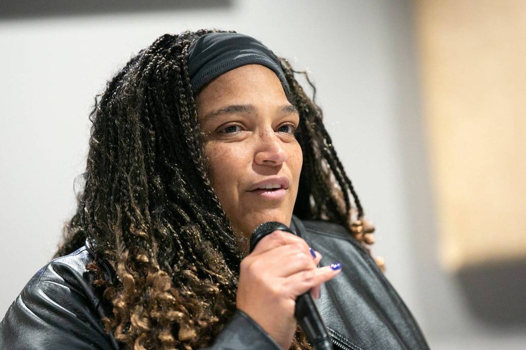 Brandy Donaghy gives a brief speech to encourage her supporters during a midterm election night watch party on Tuesday, at Laters Winery in Snohomish. (Ryan Berry / The Herald)