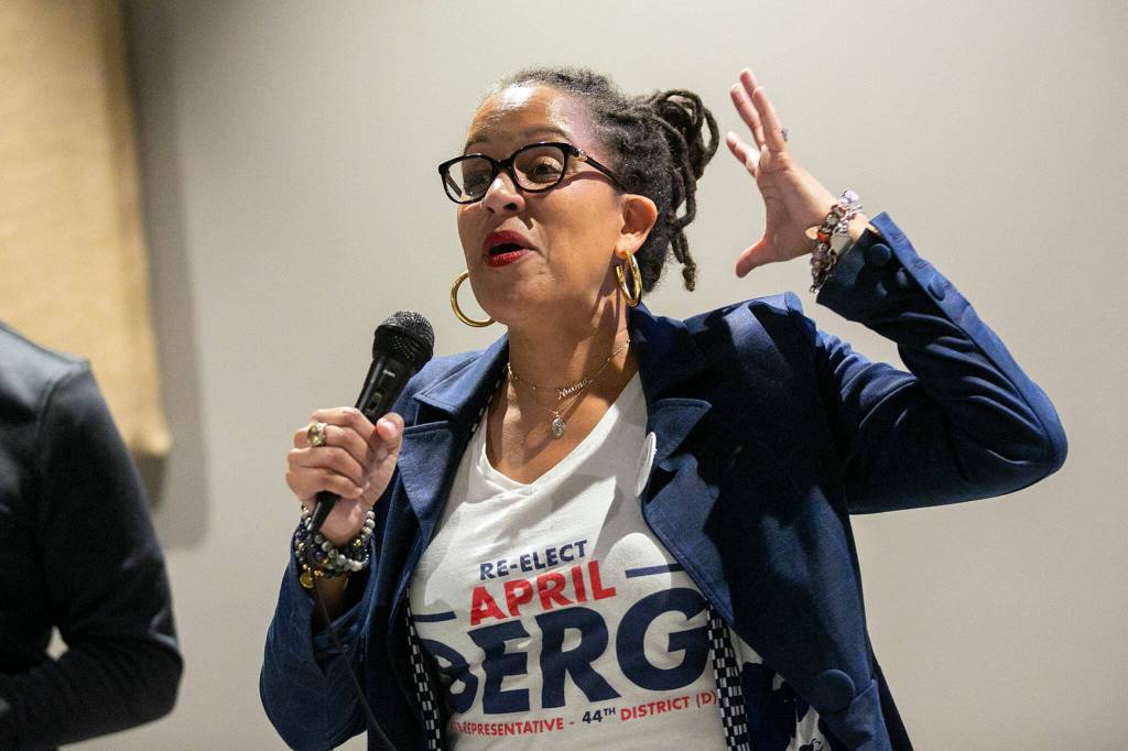 April Berg thanks her supporters during a midterm election night watch party on Tuesday, at Laters Winery in Snohomish. (Ryan Berry / The Herald)