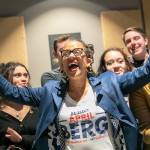 April Berg, alongside her family, cheers as first results are read aloud during a midterm election night watch party on Tuesday, Nov. 8, 2022, at Laters Winery in Snohomish, Washington. (Ryan Berry / The Herald)