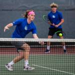Shorewoods Blake Gettmann and Murray Falkin play during the 3A district doubles championship match against Edmonds-Woodway on Oct. 27 in Snohomish. (Olivia Vanni / The Herald)