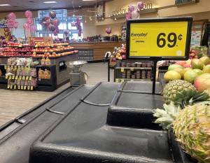 Some produce was plentiful at the Safeway store at 4128 Rucker Ave., in Everett, but not bananas, during heavy snow in Feburary, 2019. A proposed merger of grocery giants Kroger and Albertsons, which owns Safeway stores, is raising concerns about possible sales or closures of some stores. (Ben Watanabe / The Herald file photo)