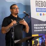 Gunnar Rauch, a participant in Reboot Recovery, briefly speaks about his experience during an open house for the facility on Monday, in Marysville. (Olivia Vanni / The Herald)