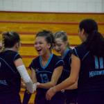 Meadowdale freshman Jaelle Jenkins (13) smiles with her teammates during a 3A District 1 Tournament semifinal match against Monroe on Thursday, Nov. 10, 2022, at Marysville Pilchuck High School. (Katie Webber / For The Herald)