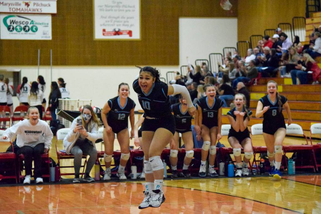 Meadowdale junior Lataya Mitchell celebrates the Mavericks win over Monroe in a 3A District 1 Tournament semifinal match on Thursday, Nov. 10, 2022, at Marysville Pilchuck High School. (Katie Webber / For The Herald)