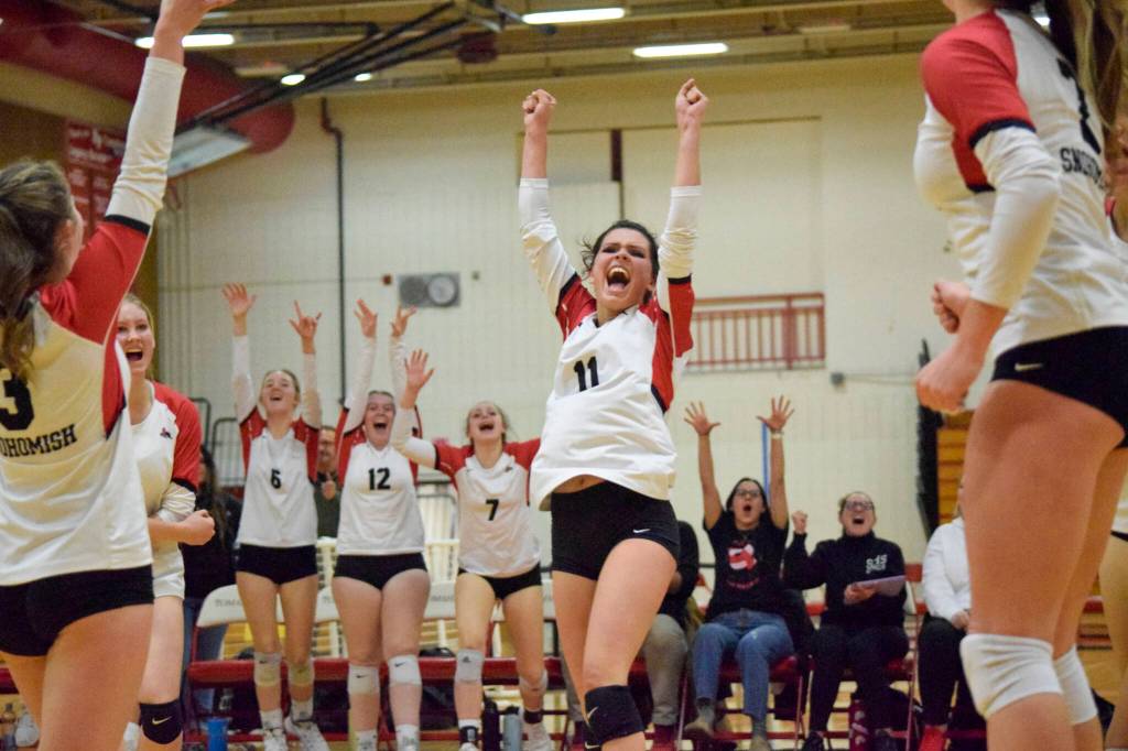 Snohomish senior Liviya Harrison celebrates a point in the fifth set of the Panthers win over Ferndale in a 3A District 1 Tournament semifinal match on Thursday, Nov. 10, 2022, at Marysville Pilchuck High School. (Katie Webber / For The Herald)