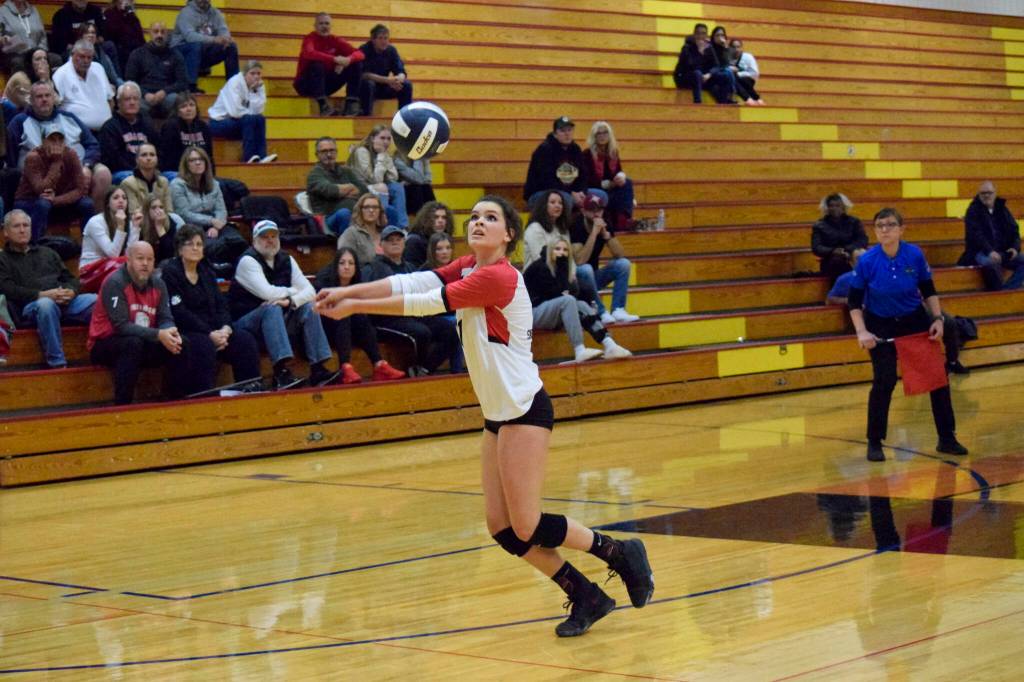 Snohomish senior Liviya Harrison digs the ball during a 3A District 1 semifinal match against Ferndale on Thursday, Nov. 10, 2022, at Marysville Pilchuck High School. (Katie Webber / For The Herald)