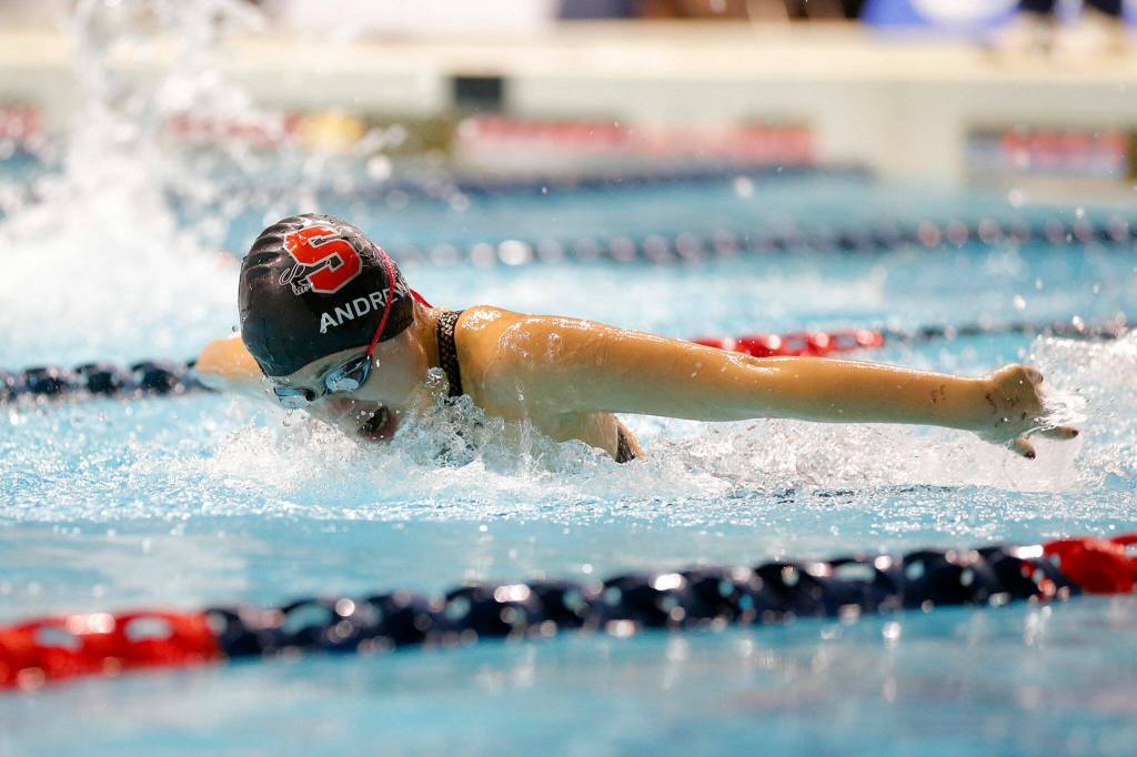 Snohomish junior Grace Andrews swims in the 100 yard butterfly consolation heat during the WIAA 3A Girls State Swim and Dive Championships on Saturday, Nov. 12, 2022, at the Weyerhaeuser King County Aquatic Center in Federal Way, Washington. (Ryan Berry / The Herald)