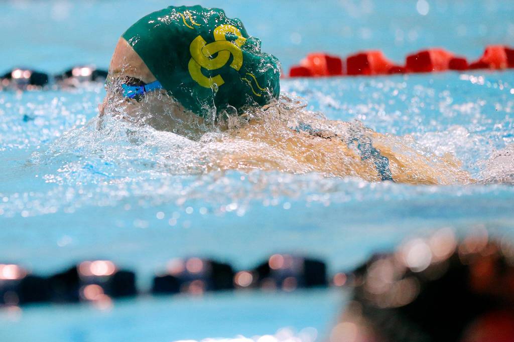 Aila Howson, a Shorecrest sophomore, swims in the final heat of the 100 yard breaststroke during the WIAA 3A Girls State Swim and Dive Championships on Saturday, Nov. 12, 2022, at the Weyerhaeuser King County Aquatic Center in Federal Way, Washington. (Ryan Berry / The Herald)