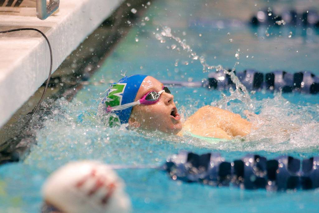 Shorewood senior Grace Lindberg claims second place in the 200 yard freestyle final during the WIAA 3A Girls State Swim and Dive Championships on Saturday, Nov. 12, 2022, at the Weyerhaeuser King County Aquatic Center in Federal Way, Washington. (Ryan Berry / The Herald)