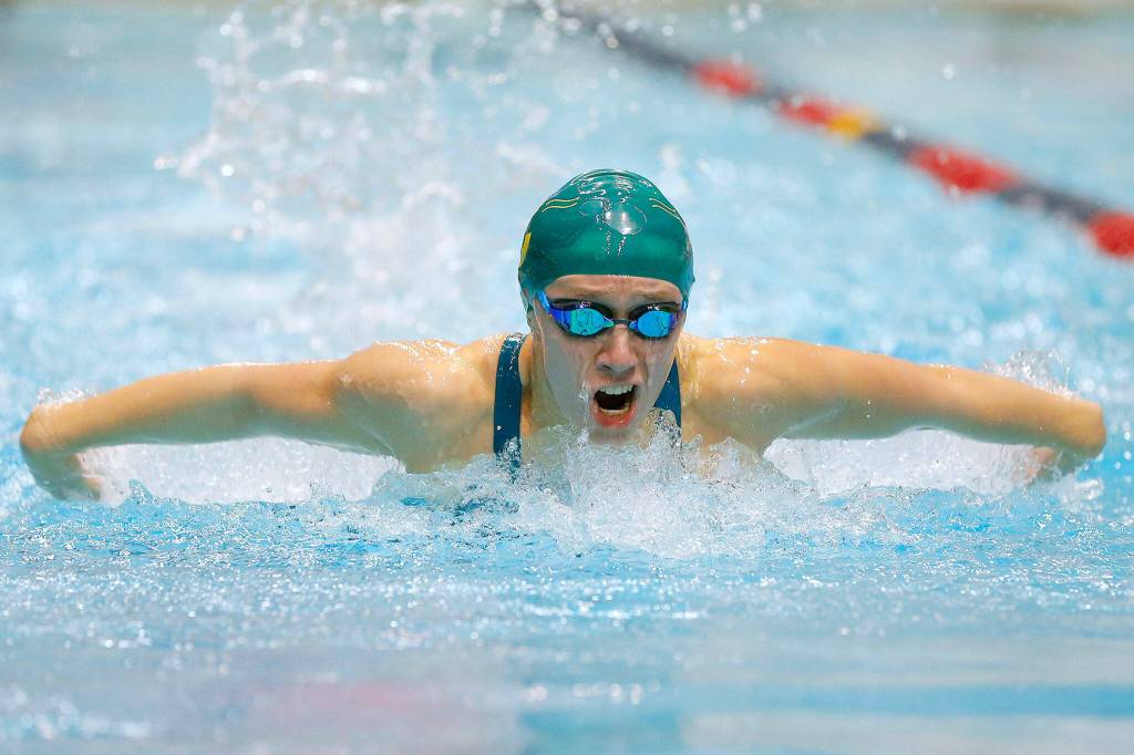 Shorecrests Aila Howson swims the butterfly in the 200 yard individual medley consolation heat during the WIAA 3A Girls State Swim and Dive Championships on Saturday, Nov. 12, 2022, at the Weyerhaeuser King County Aquatic Center in Federal Way, Washington. (Ryan Berry / The Herald)