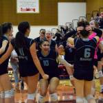 Meadowdale junior Lataya Mitchell (10) celebrates with her team after the Mavericks win over Monroe in a Class 3A District 1 tournament semifinal match Nov. 10 at Marysville Pilchuck High School. The Mavericks are seeded ninth in the 3A state bracket. (Katie Webber / For The Herald)