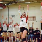 Snohomish senior Liviya Harrison celebrates a point in the fifth set of the Panthers win over Ferndale in a Class 3A District 1 tournament semifinal match Nov. 10 at Marysville Pilchuck High School. The Panthers are seeded sixth in the 3A state bracket. (Katie Webber / For The Herald)