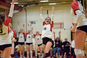 Snohomish senior Liviya Harrison celebrates a point in the fifth set of the Panthers' win over Ferndale in a 3A District 1 Tournament semifinal match on Thursday, Nov. 10, 2022, at Marysville Pilchuck High School. (Katie Webber / For The Herald)