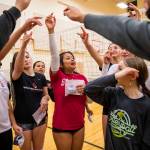 Adia Weighter, center, leads the team in a cheer before the end of their last official practice before heading to the state tournament on Tuesday, Nov. 15, 2022 in Bothell, Washington. (Olivia Vanni / The Herald)